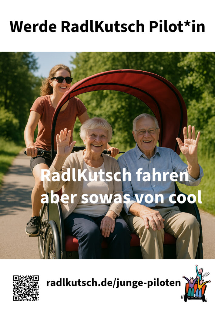 Junge Frau fährt Rikscha und zwei Senioren winken vor Freude